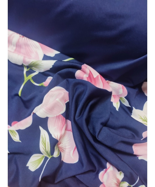 Granatowa elastyczna dzianina Jersey - różowe orchidee